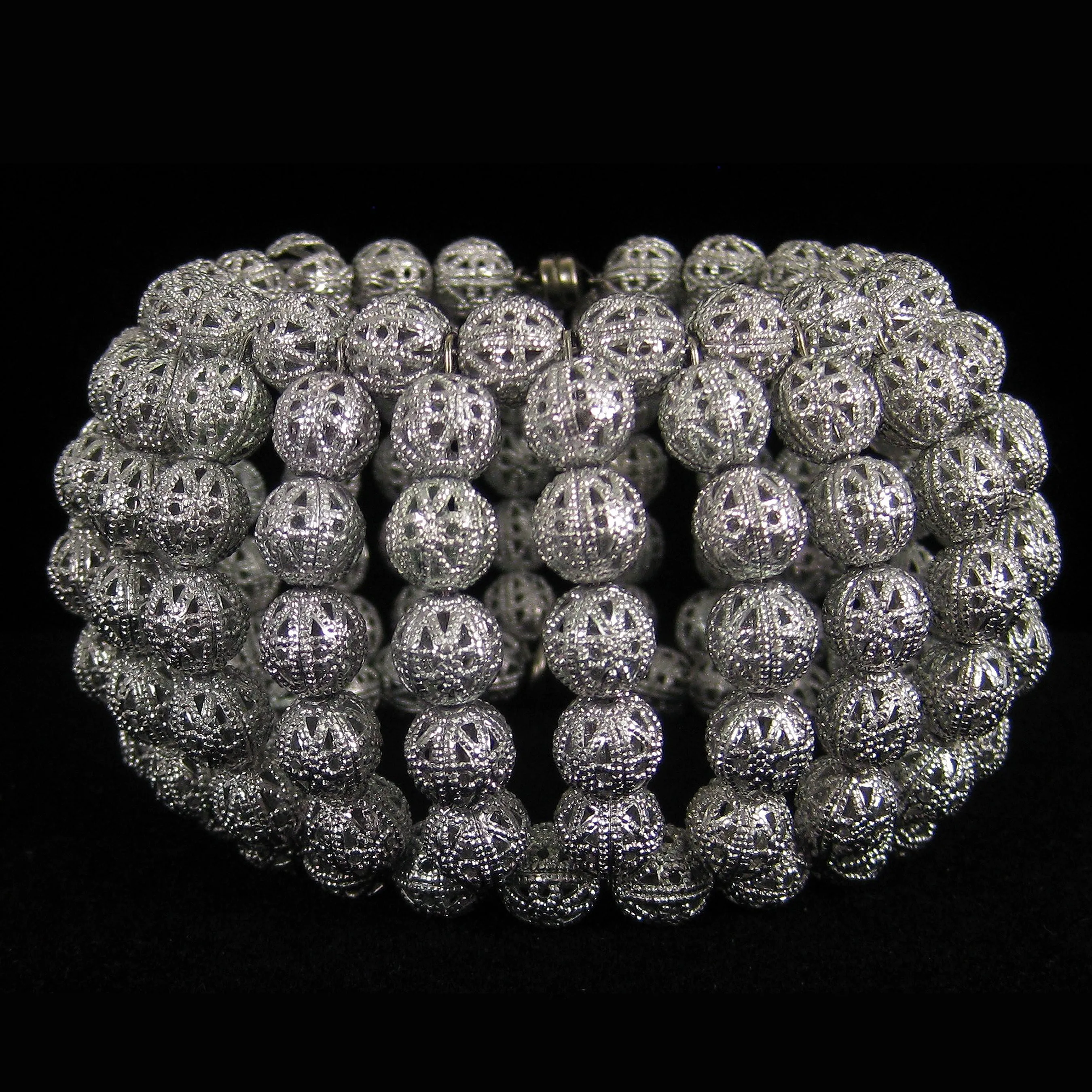 #1055b Silver Tone Filigree Bead Cuff Bracelet