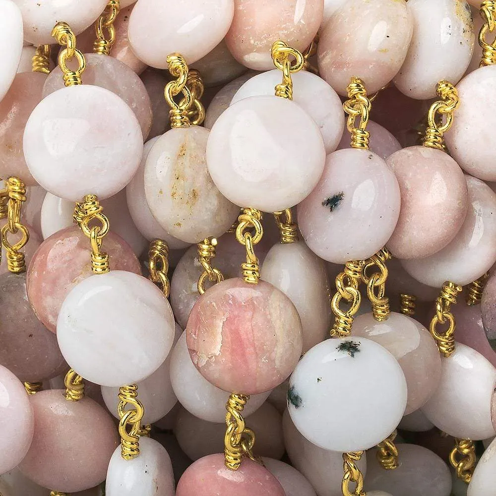 10mm Pink Peruvian Opal plain coin Gold Chain sold by the foot 19 pieces