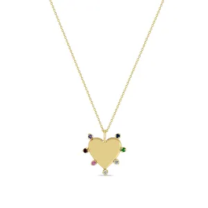 14k 7 Rainbow Gemstones Heart Pendant Necklace