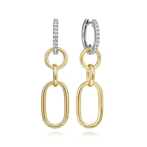 14K White and Yellow Gold Diamond Hollow Tube Huggie Drop Earrings