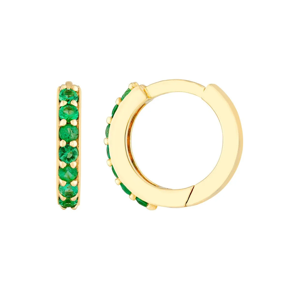 14K Yellow Gold Emerald Row Hoop Earrings