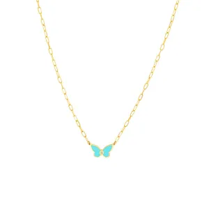 14K Yellow Gold Light Turquoise Butterfly Necklace with Diamond