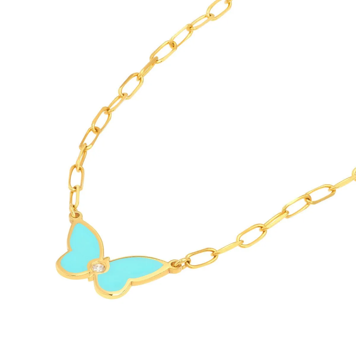 14K Yellow Gold Light Turquoise Butterfly Necklace with Diamond