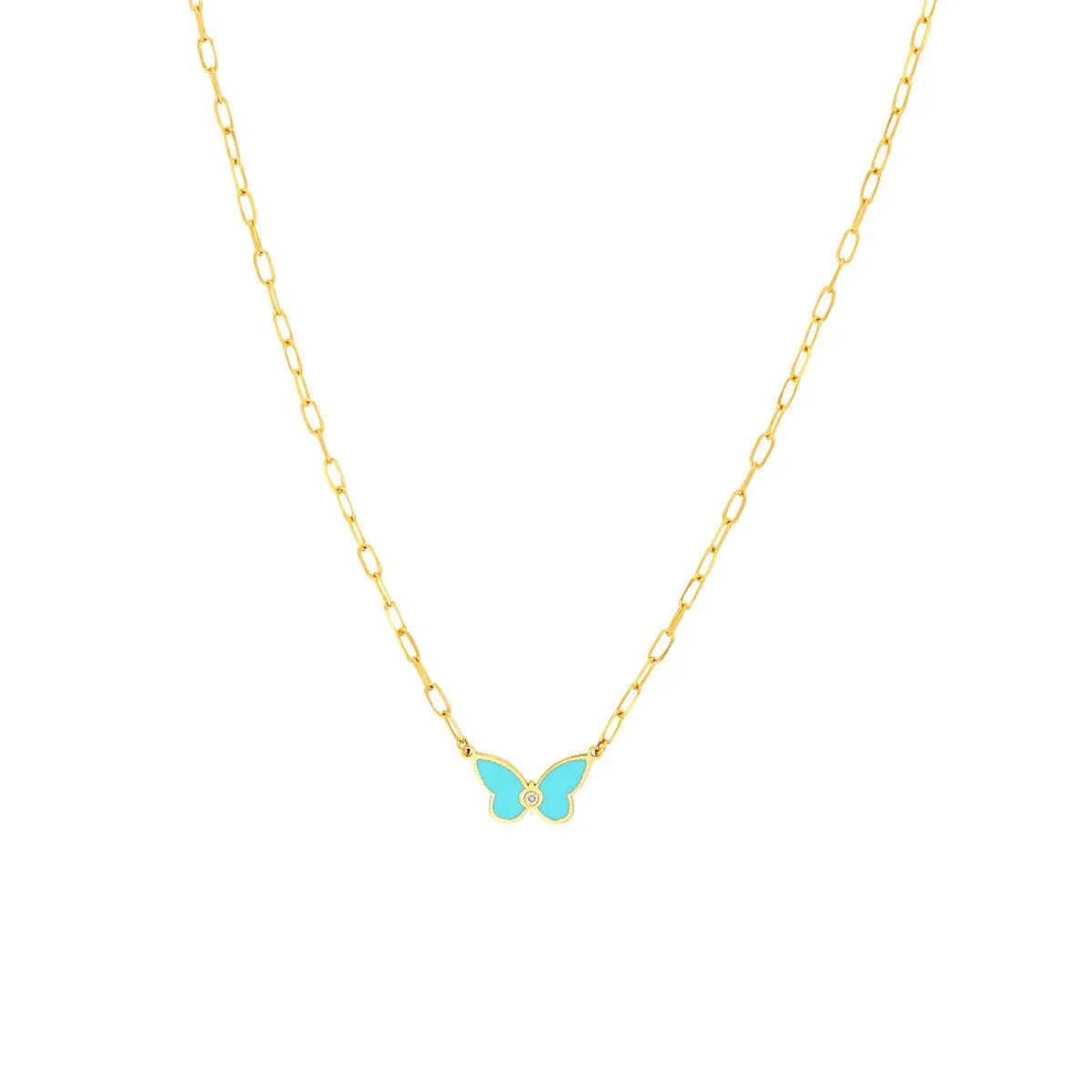 14K Yellow Gold Light Turquoise Butterfly Necklace with Diamond