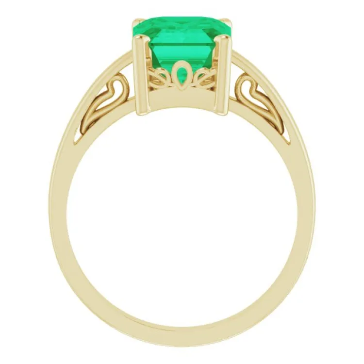 14K Yellow Lab-Grown Emerald Scroll Setting® Ring