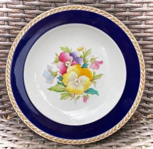 1940 Hand Painted Pansies Botanical English Transferware Plate Blue Border