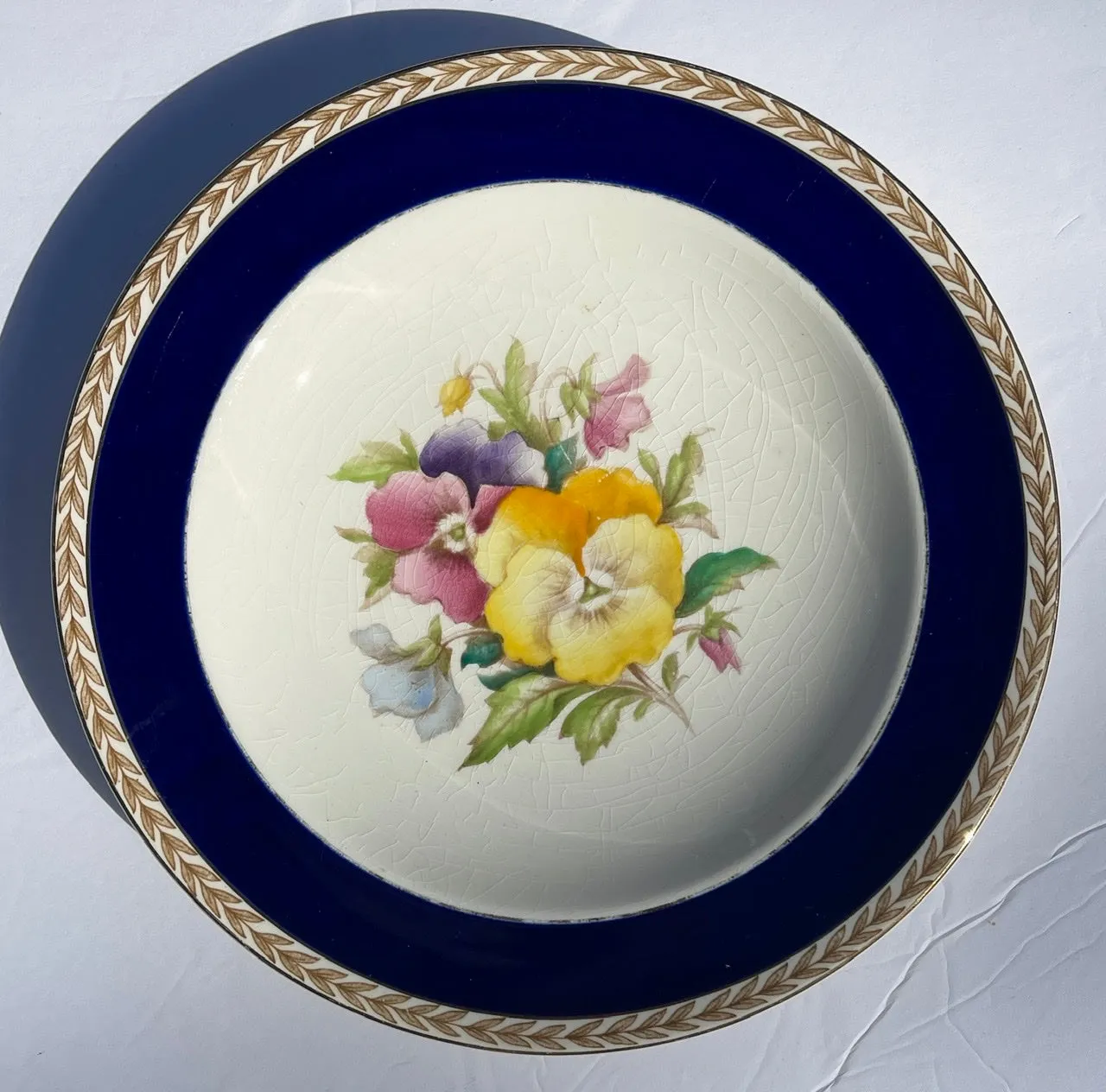 1940 Hand Painted Pansies Botanical English Transferware Plate Blue Border