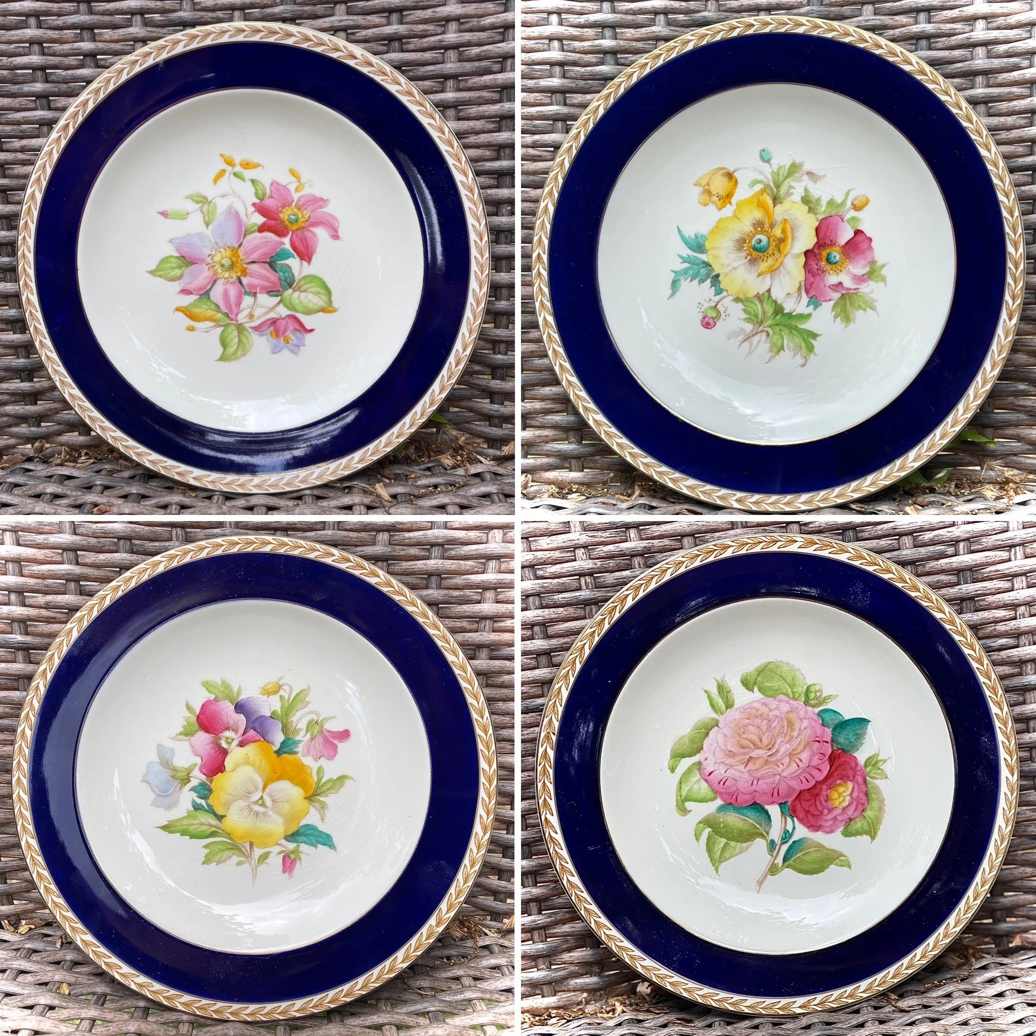 1940 Hand Painted Pansies Botanical English Transferware Plate Blue Border