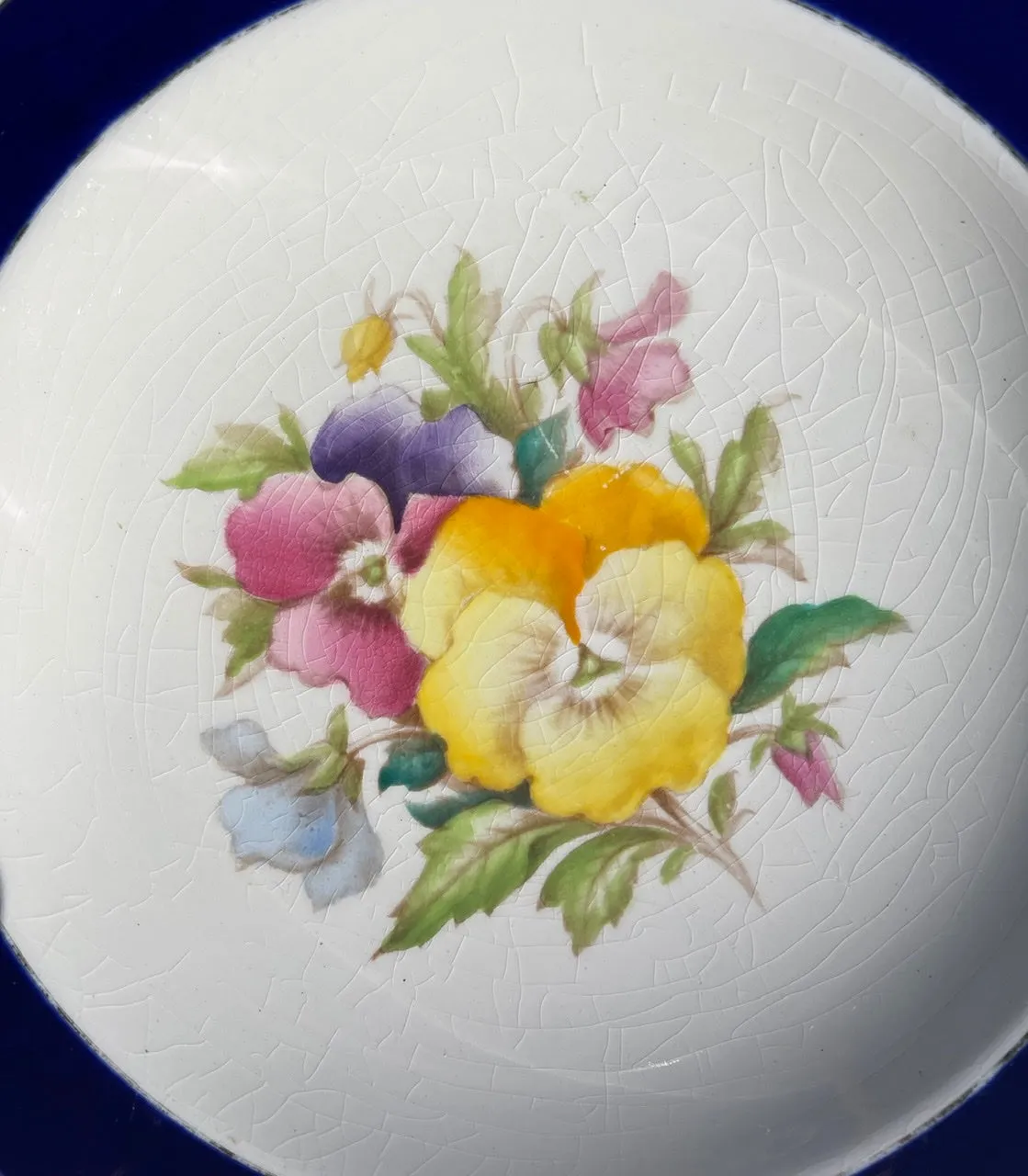 1940 Hand Painted Pansies Botanical English Transferware Plate Blue Border