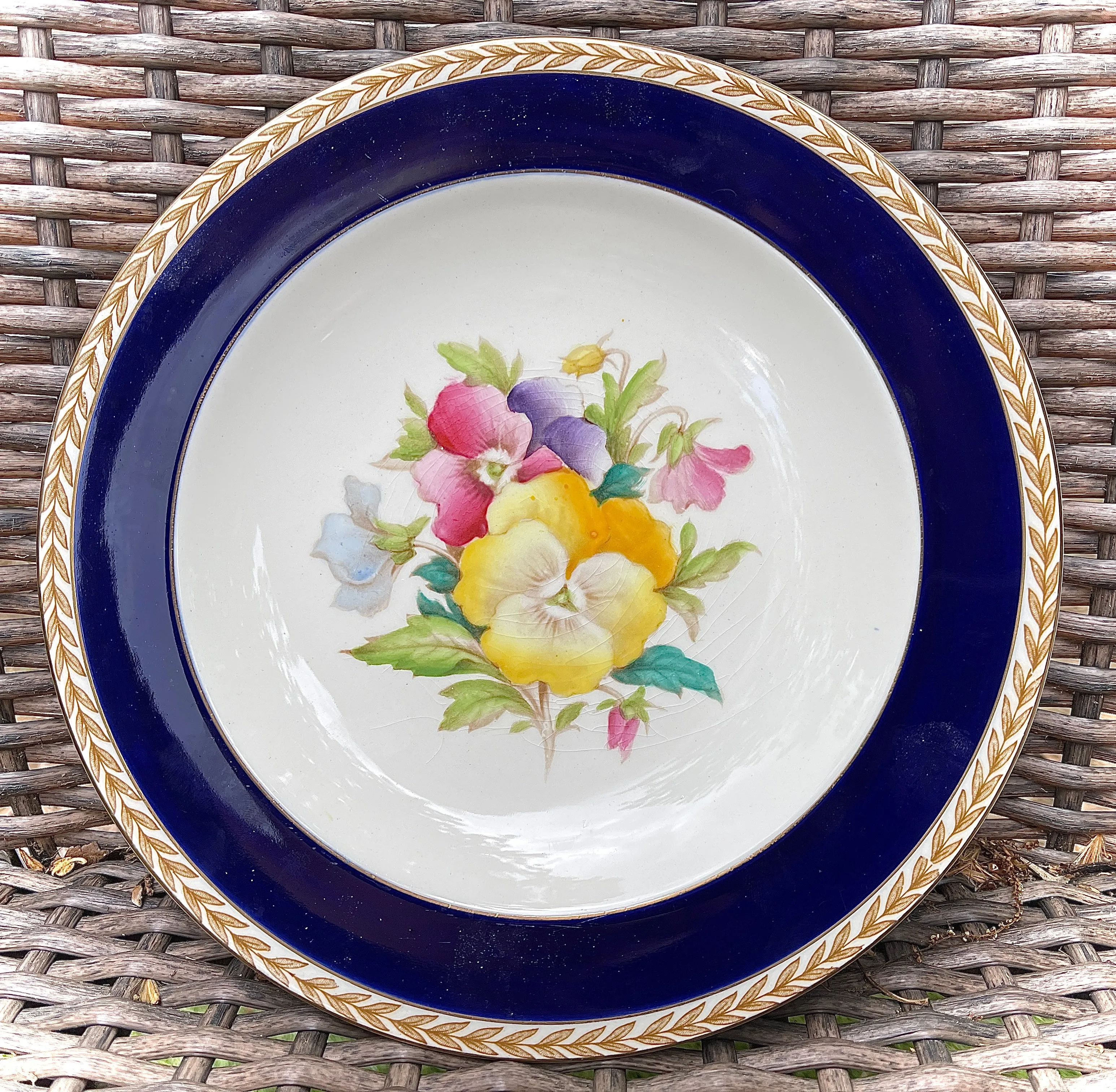 1940 Hand Painted Pansies Botanical English Transferware Plate Blue Border