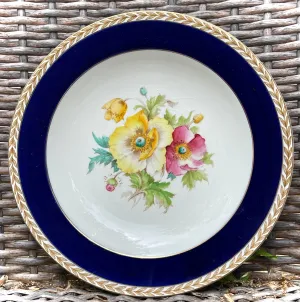 1940 Hand Painted Yellow Pink Poppies Botanical English Transferware Plate Blue Border