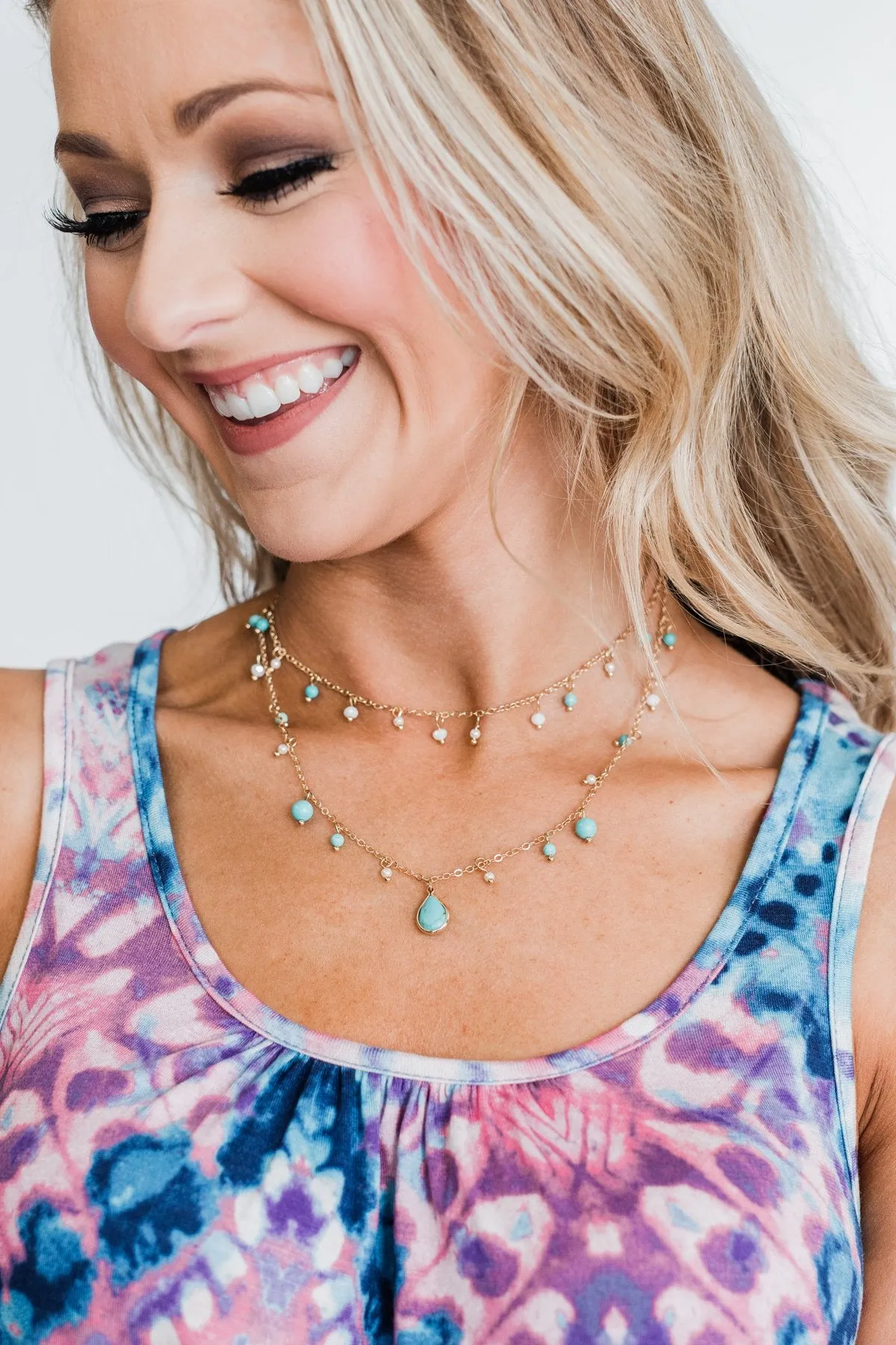 2 Tier Beaded Teardrop Necklace- Turquoise & Ivory