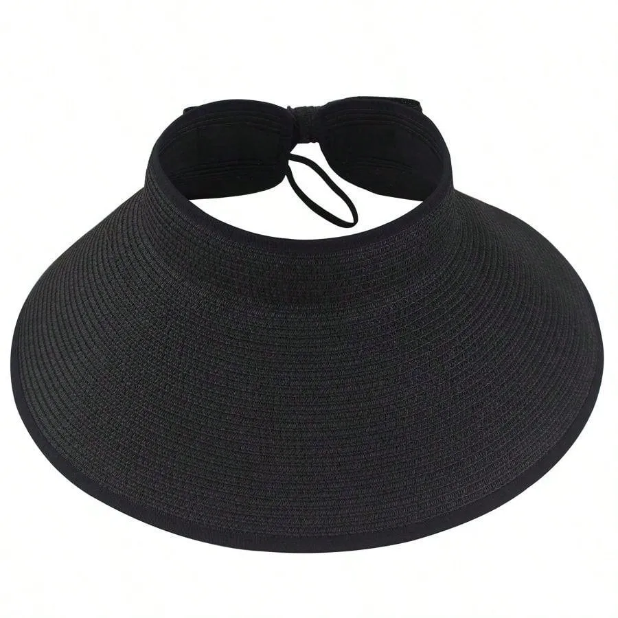 2023 New Women Roll Up Sun Visor Wide Brim Straw Hat Summer Foldable Packable UV Protection Cap For Beach Travel Bonnet Bow