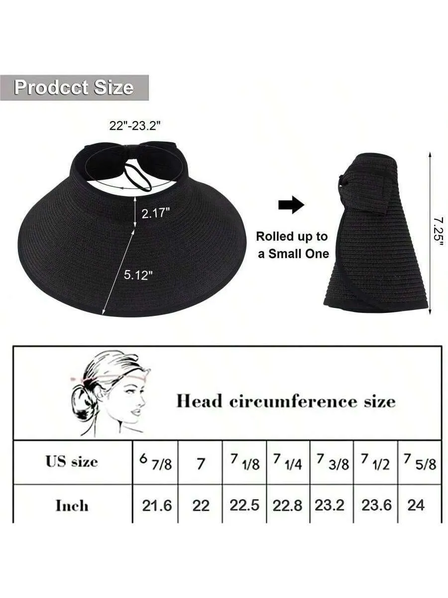 2023 New Women Roll Up Sun Visor Wide Brim Straw Hat Summer Foldable Packable UV Protection Cap For Beach Travel Bonnet Bow