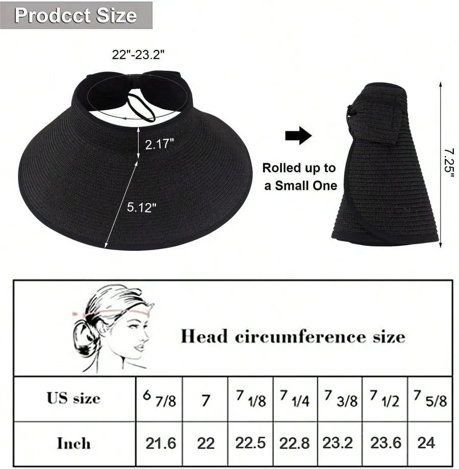 2023 New Women Roll Up Sun Visor Wide Brim Straw Hat Summer Foldable Packable UV Protection Cap For Beach Travel Bonnet Bow