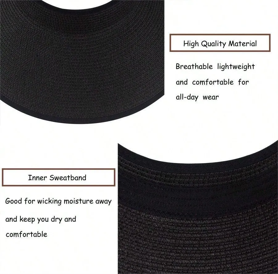 2023 New Women Roll Up Sun Visor Wide Brim Straw Hat Summer Foldable Packable UV Protection Cap For Beach Travel Bonnet Bow