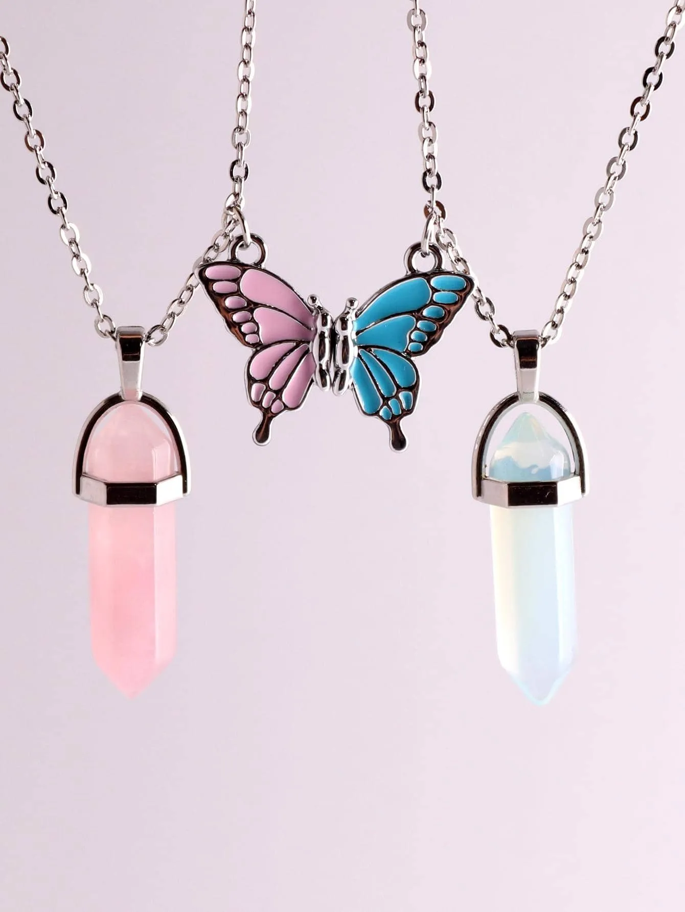 2pcs/Set Hexagonal Stone Rose Quartz Opalite Bullet Pendant Necklace For Couple