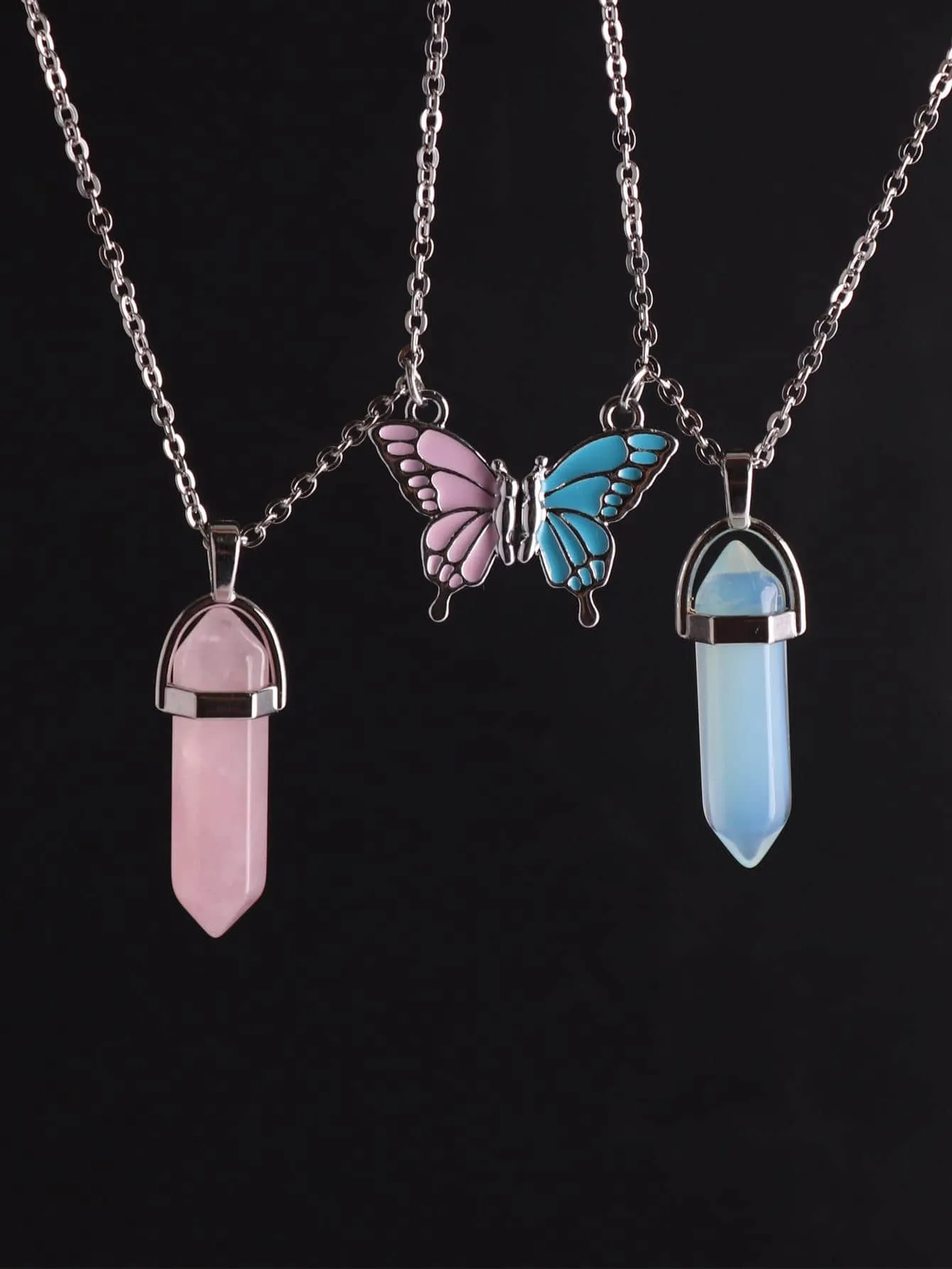 2pcs/Set Hexagonal Stone Rose Quartz Opalite Bullet Pendant Necklace For Couple