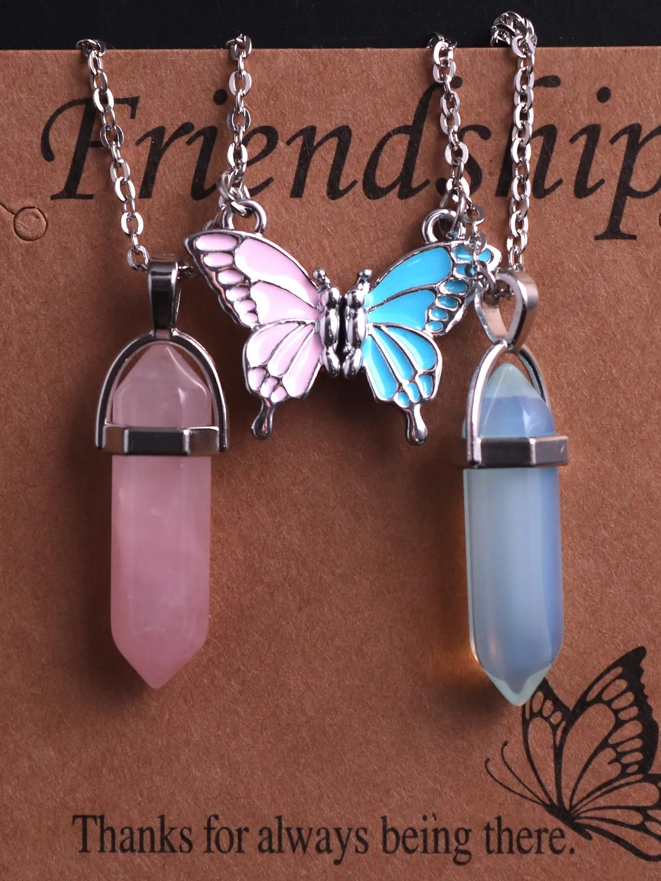 2pcs/Set Hexagonal Stone Rose Quartz Opalite Bullet Pendant Necklace For Couple