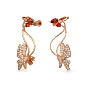 3D Pink Red Butterfly Rose Flower Climber Crawler Earrings Rose Gold