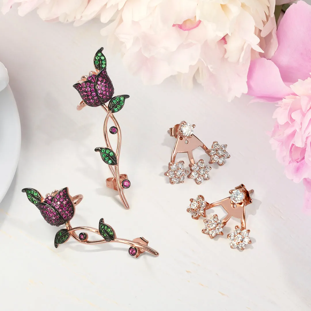 3D Pink Red Butterfly Rose Flower Climber Crawler Earrings Rose Gold