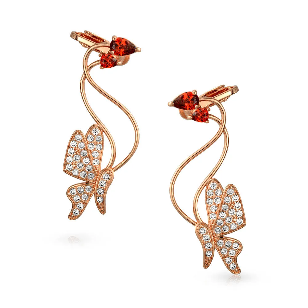 3D Pink Red Butterfly Rose Flower Climber Crawler Earrings Rose Gold