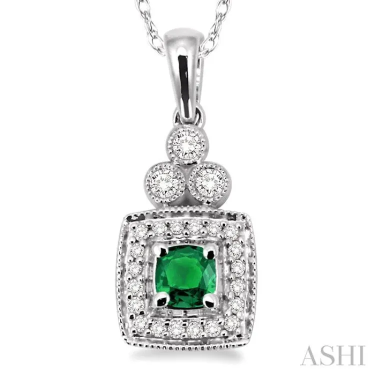 4x4MM Cushion Cut Emerald and 1/5 Ctw Round Cut Diamond Pendant in 14K White Gold with Chain