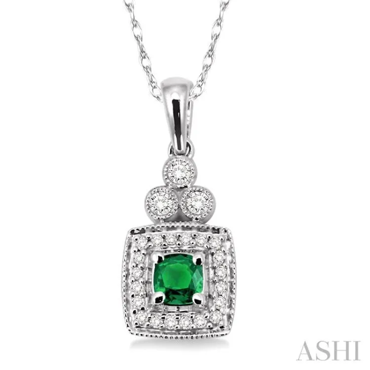 4x4MM Cushion Cut Emerald and 1/5 Ctw Round Cut Diamond Pendant in 14K White Gold with Chain