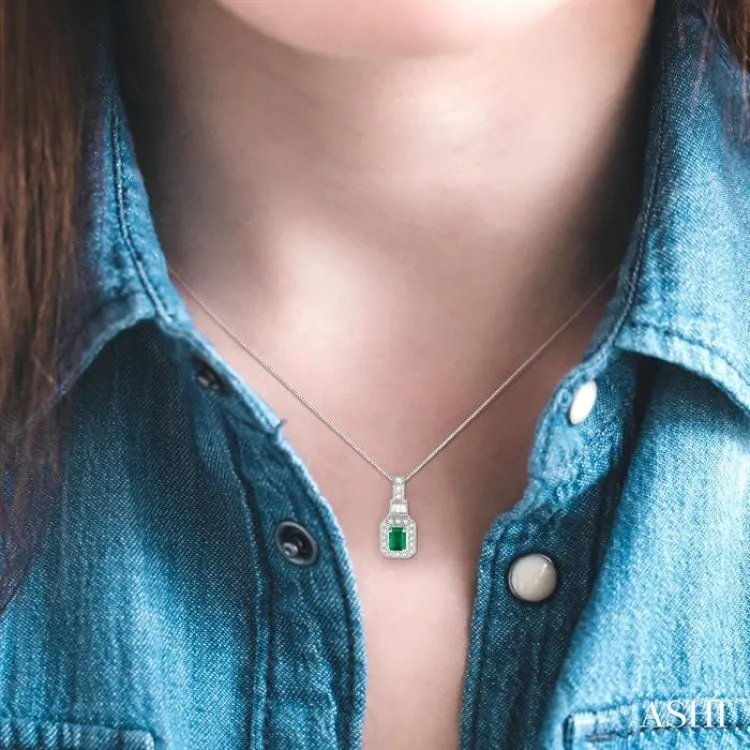 6x4 MM Octagon Cut Emerald and 1/4 Ctw Round and Baguette Cut Diamond Pendant in 14K White Gold with Chain