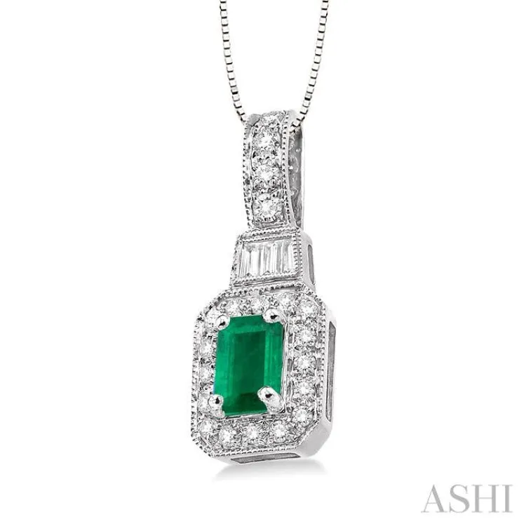 6x4 MM Octagon Cut Emerald and 1/4 Ctw Round and Baguette Cut Diamond Pendant in 14K White Gold with Chain