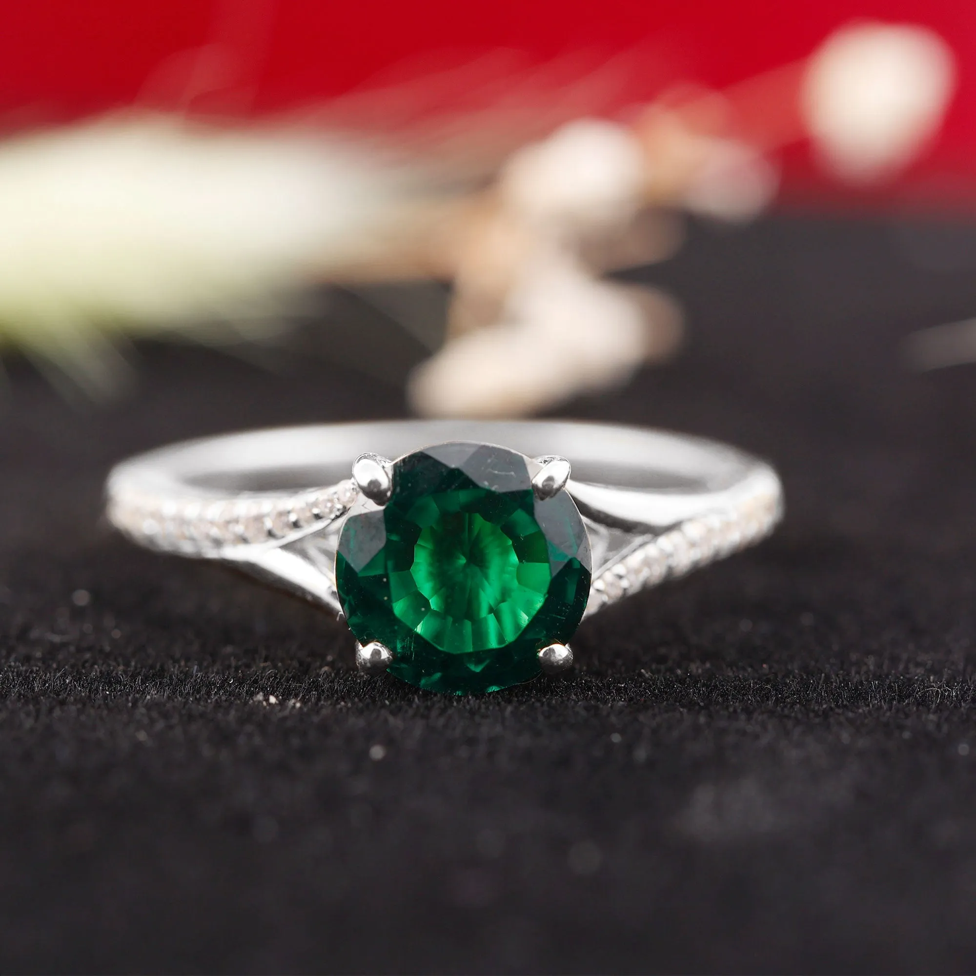 8 MM Created Emerald Solitaire Split Shank Ring with Diamond