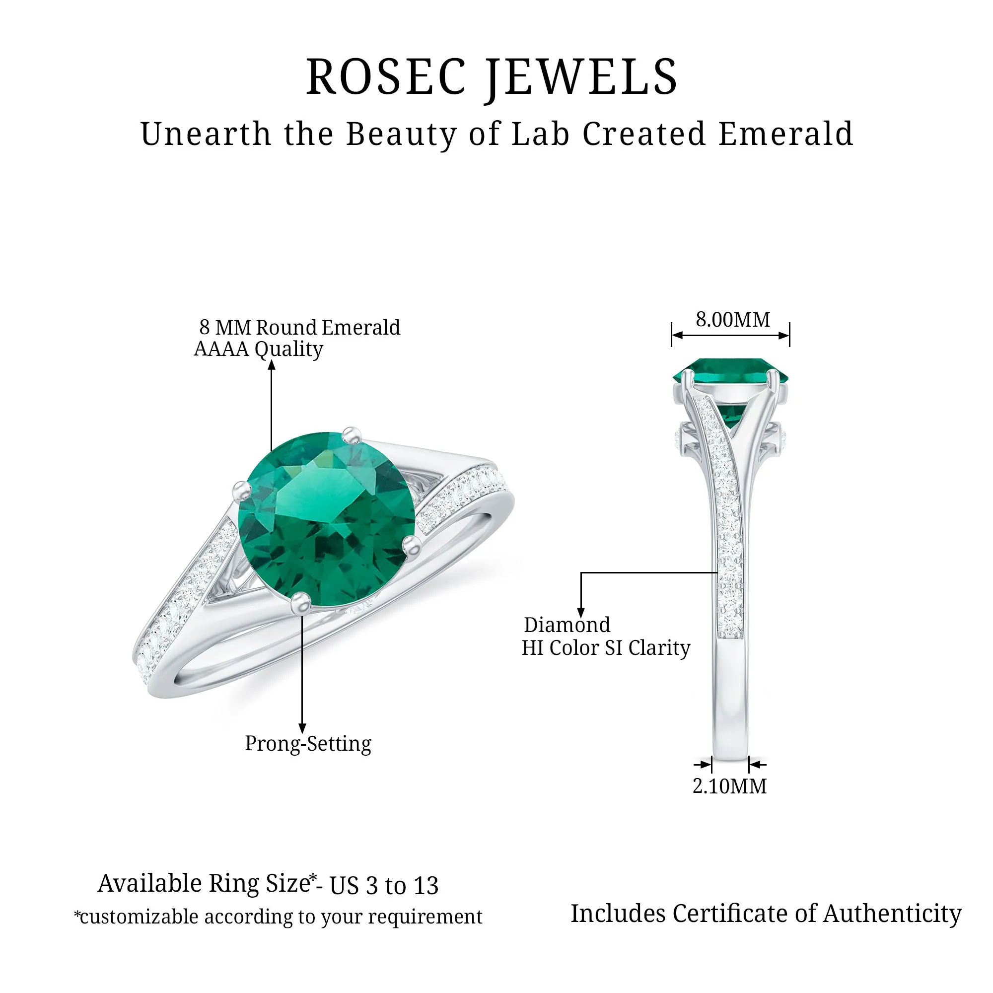 8 MM Created Emerald Solitaire Split Shank Ring with Diamond