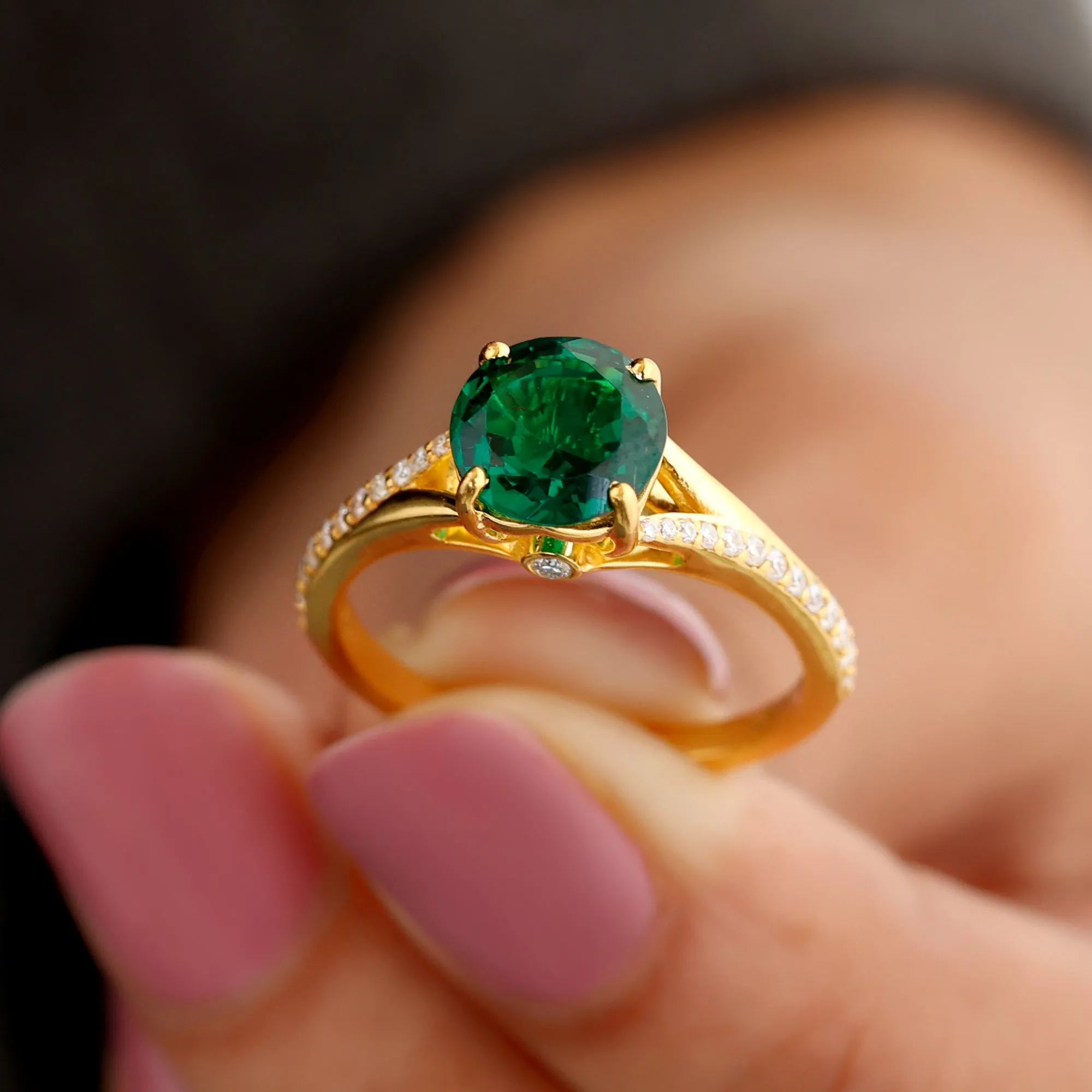 8 MM Created Emerald Solitaire Split Shank Ring with Diamond