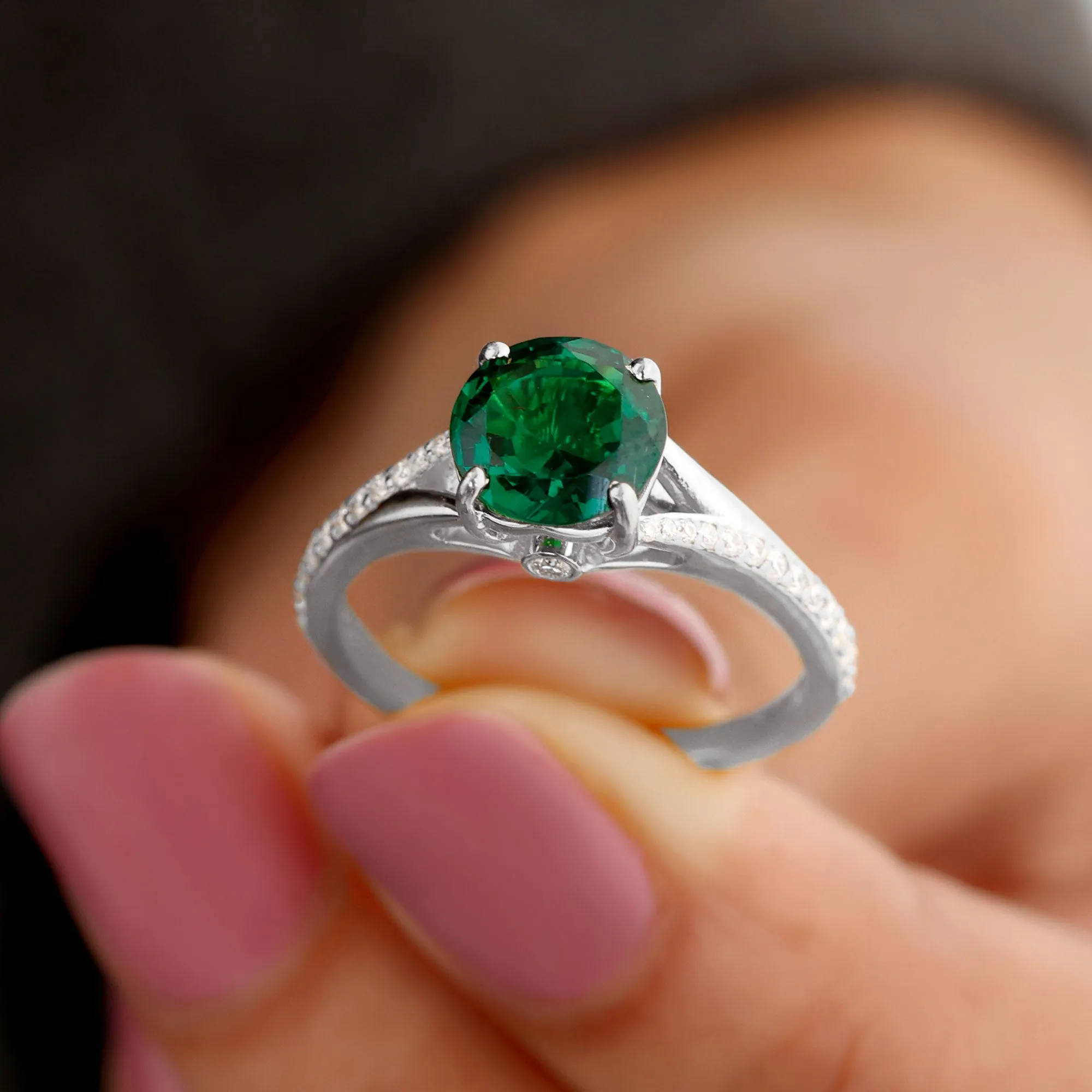 8 MM Created Emerald Solitaire Split Shank Ring with Diamond