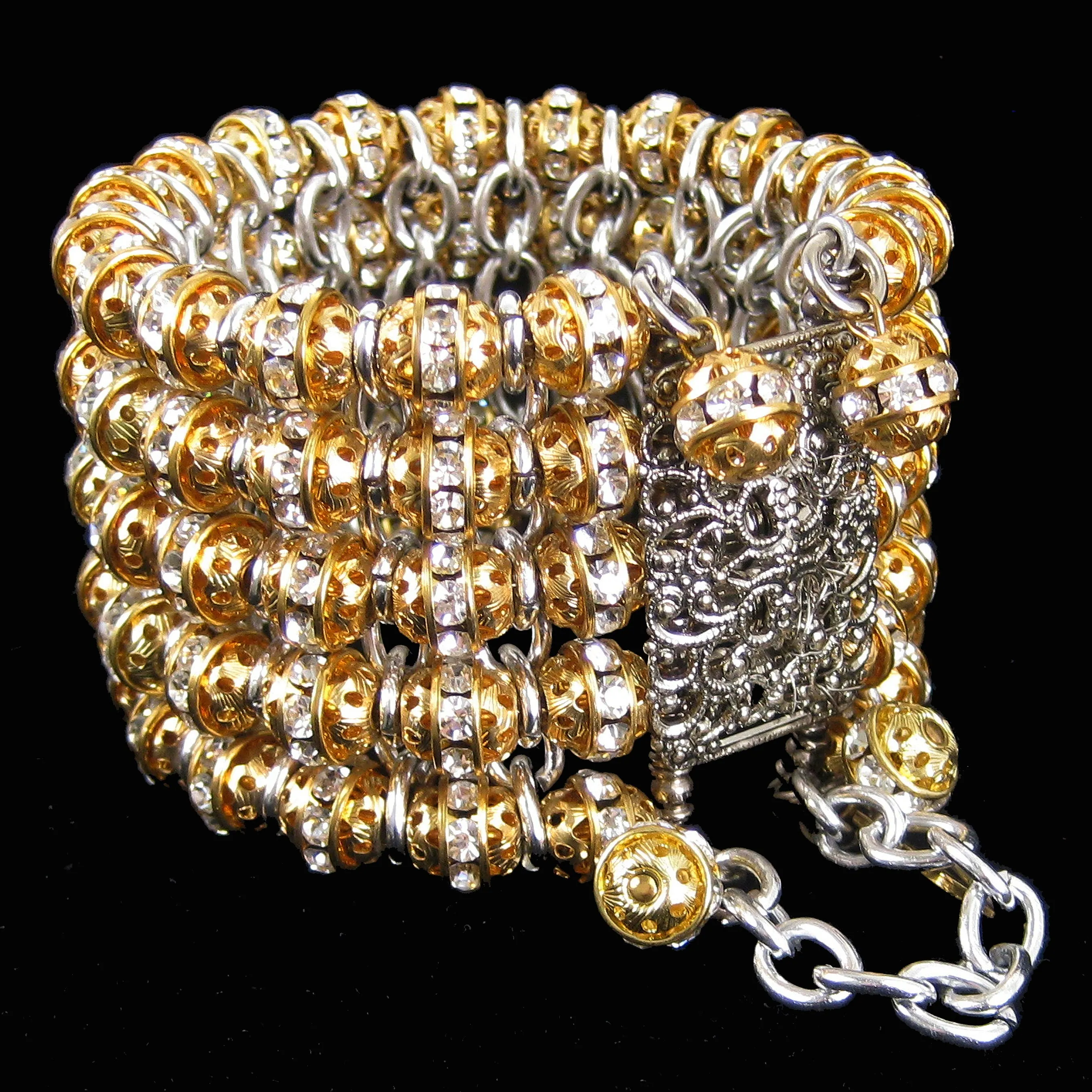 #887b Gold & Siver Tone Cuff Bracelet with Filigree & Rinestone