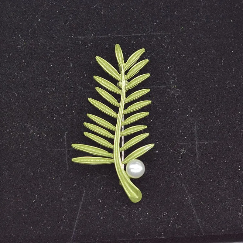 Alloy Pearl Fern Leaf Brooch