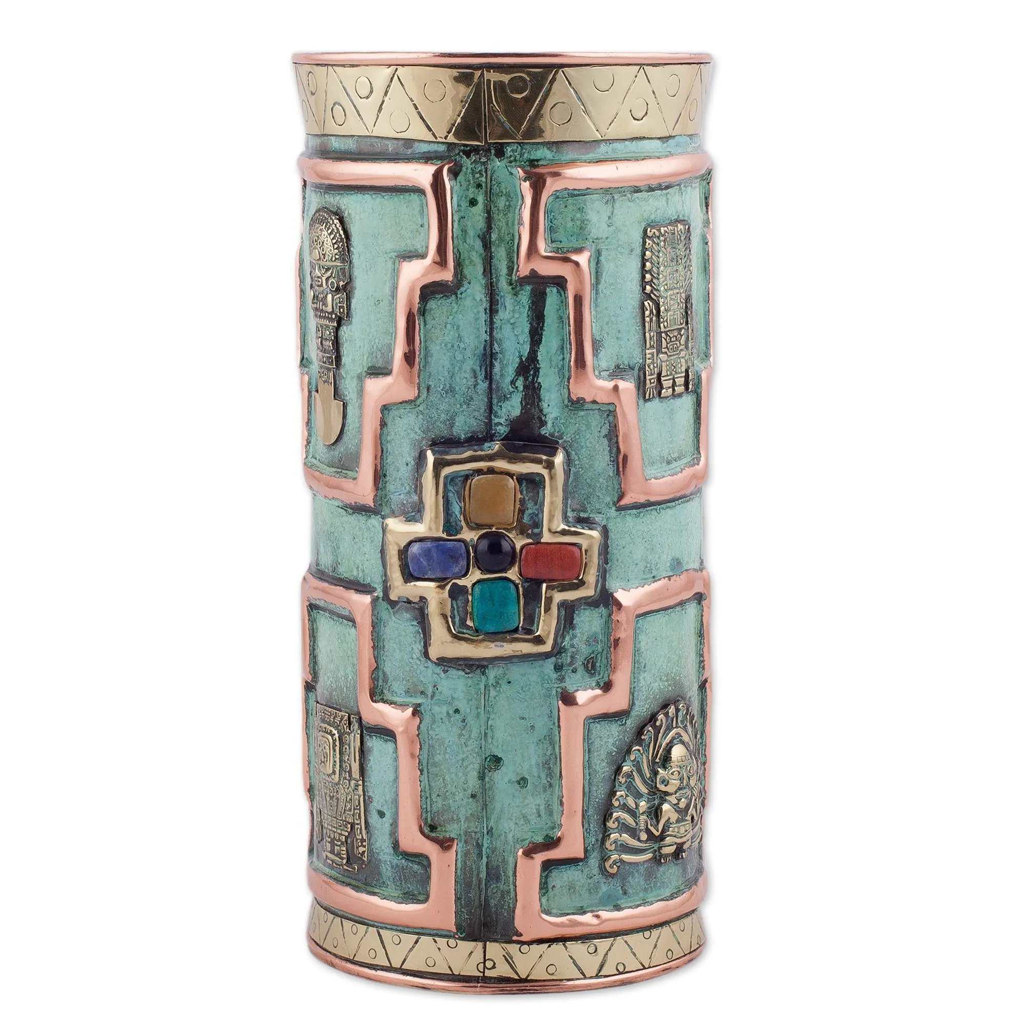 Andean Warrior Gemstone-Accented Copper Decorative Vase from Peru