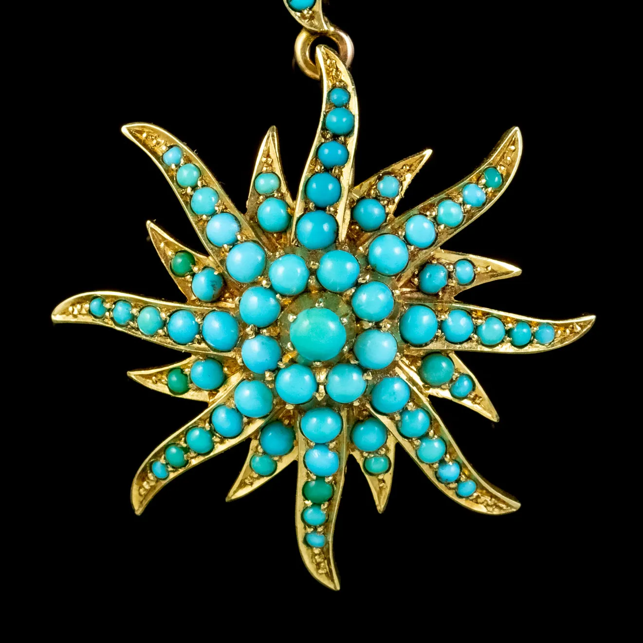 Antique Victorian Turquoise Sun Pendant Lavaliere Necklace 15Ct Gold Circa 1900