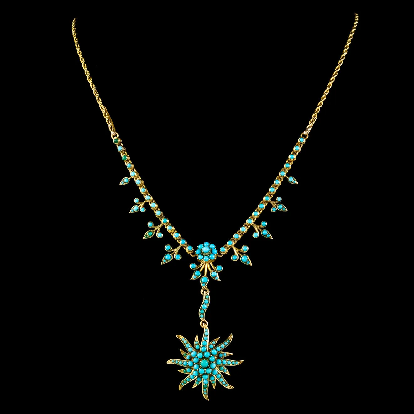 Antique Victorian Turquoise Sun Pendant Lavaliere Necklace 15Ct Gold Circa 1900