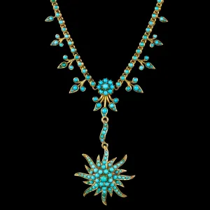 Antique Victorian Turquoise Sun Pendant Lavaliere Necklace 15Ct Gold Circa 1900