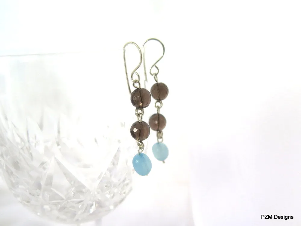 Aquamarine & Smokey Quartz Dangle Earrings, Handmade Jewelry