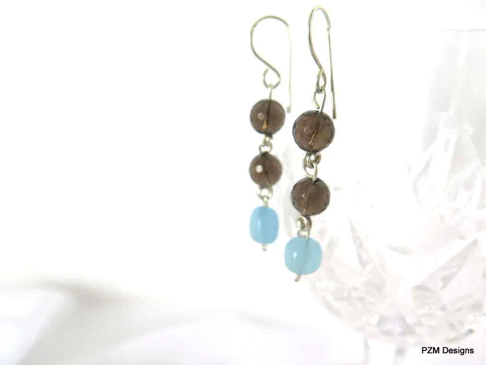 Aquamarine & Smokey Quartz Dangle Earrings, Handmade Jewelry