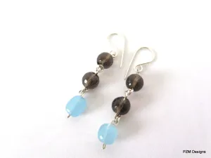 Aquamarine & Smokey Quartz Dangle Earrings, Handmade Jewelry