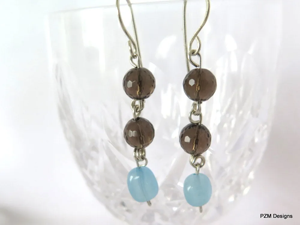 Aquamarine & Smokey Quartz Dangle Earrings, Handmade Jewelry