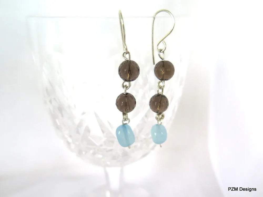 Aquamarine & Smokey Quartz Dangle Earrings, Handmade Jewelry