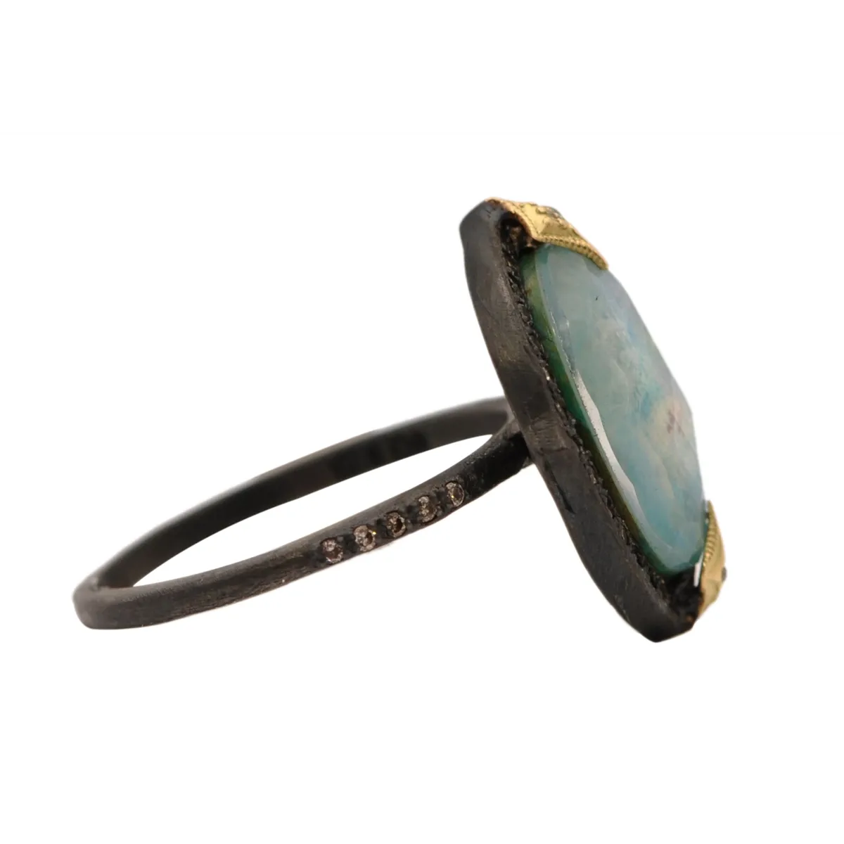 Armenta Blackened Sterling Silver and 18K Yellow Gold Triplet with Peruvian Opal, MOP and White Quartz Ring with Champagne Diamonds