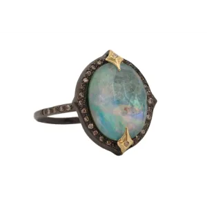 Armenta Blackened Sterling Silver and 18K Yellow Gold Triplet with Peruvian Opal, MOP and White Quartz Ring with Champagne Diamonds