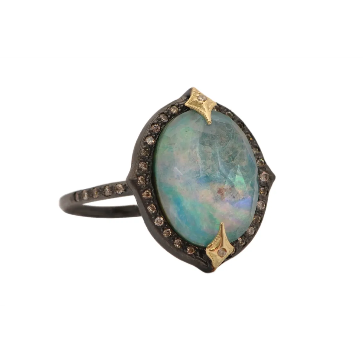 Armenta Blackened Sterling Silver and 18K Yellow Gold Triplet with Peruvian Opal, MOP and White Quartz Ring with Champagne Diamonds