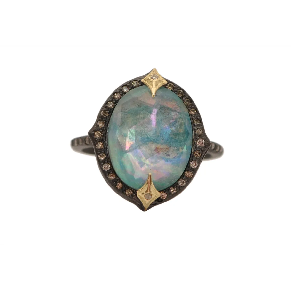 Armenta Blackened Sterling Silver and 18K Yellow Gold Triplet with Peruvian Opal, MOP and White Quartz Ring with Champagne Diamonds