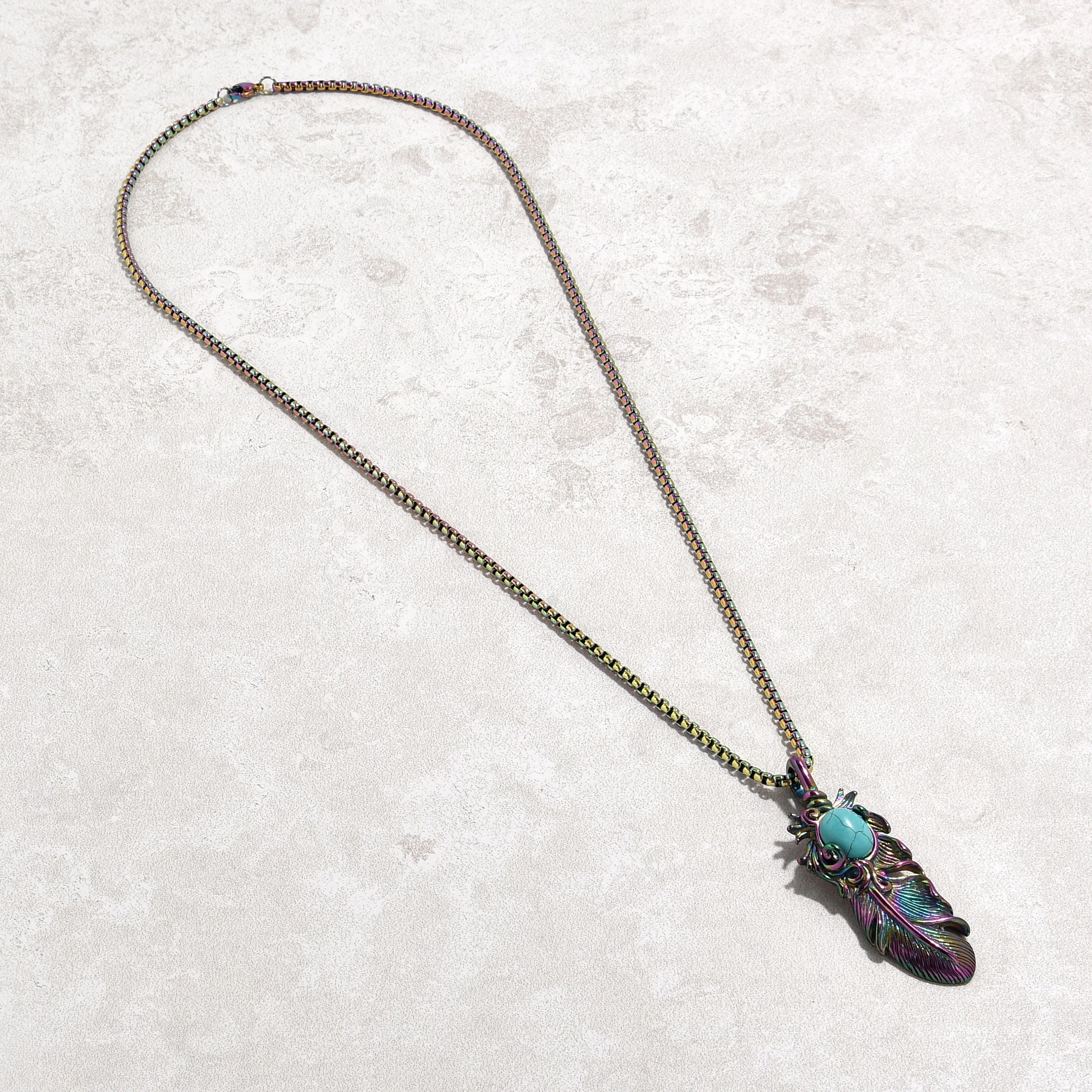 Aurora Borealis Turquoise Feather Steel Hearts Necklace